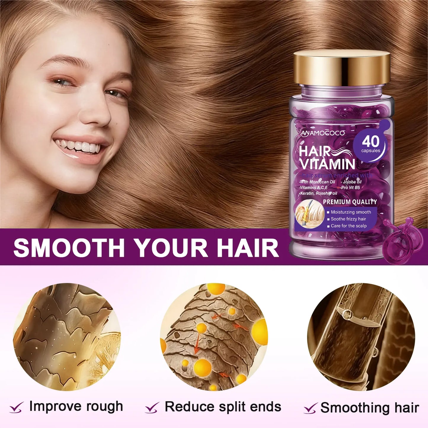 Hair Vitamin Capsules Infused with Violet Vitamins & Argan Oil for Color-Treated & Permed Hair Smooths Frizz Restores Silkiness & Shine 40 Capsules.【$14 Spent, Get 2 Free Purple Hair Masks (30Ml Each)】