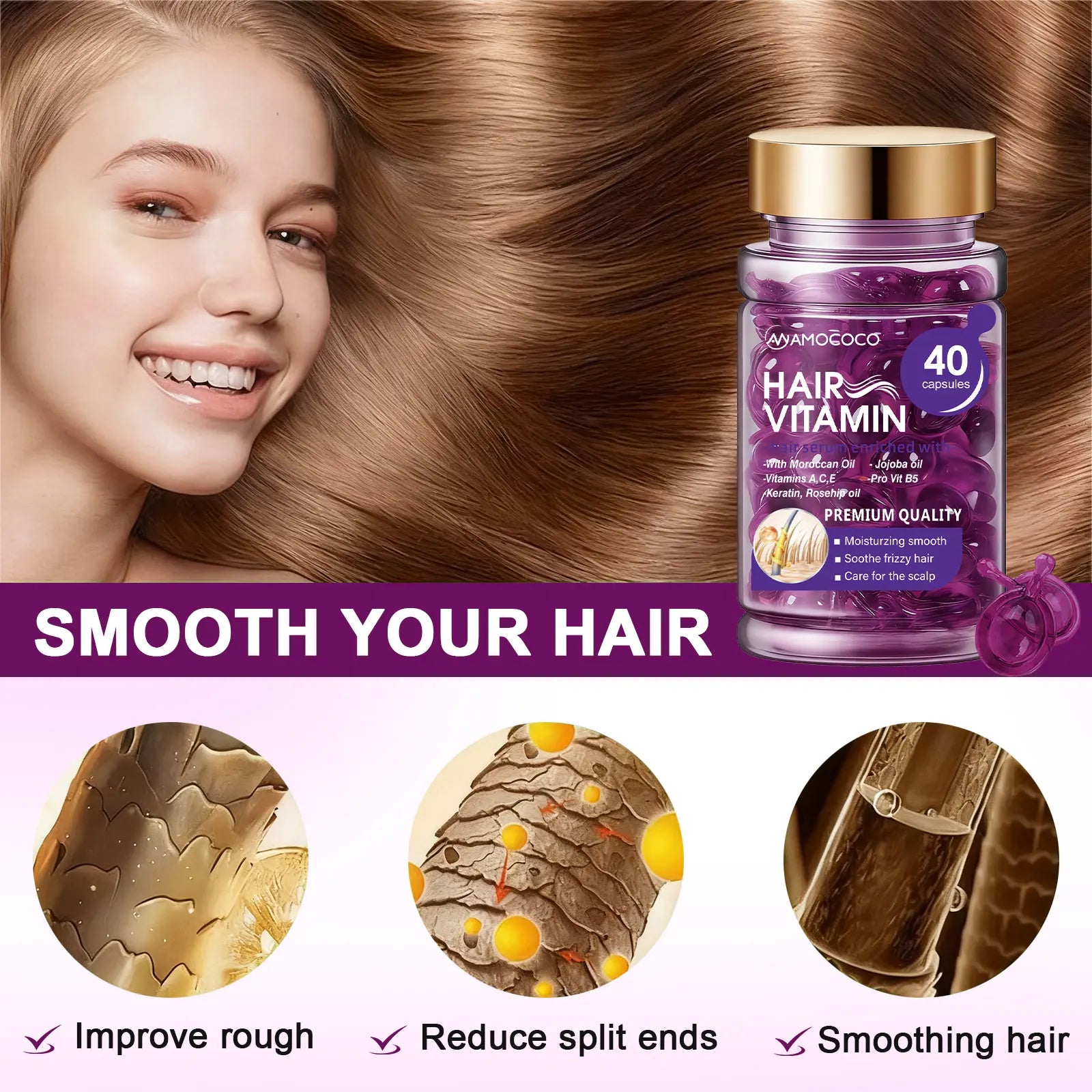 Hair Vitamin Capsules Infused with Violet Vitamins & Argan Oil for Color-Treated & Permed Hair Smooths Frizz Restores Silkiness & Shine 40 Capsules.【$14 Spent, Get 2 Free Purple Hair Masks (30Ml Each)】