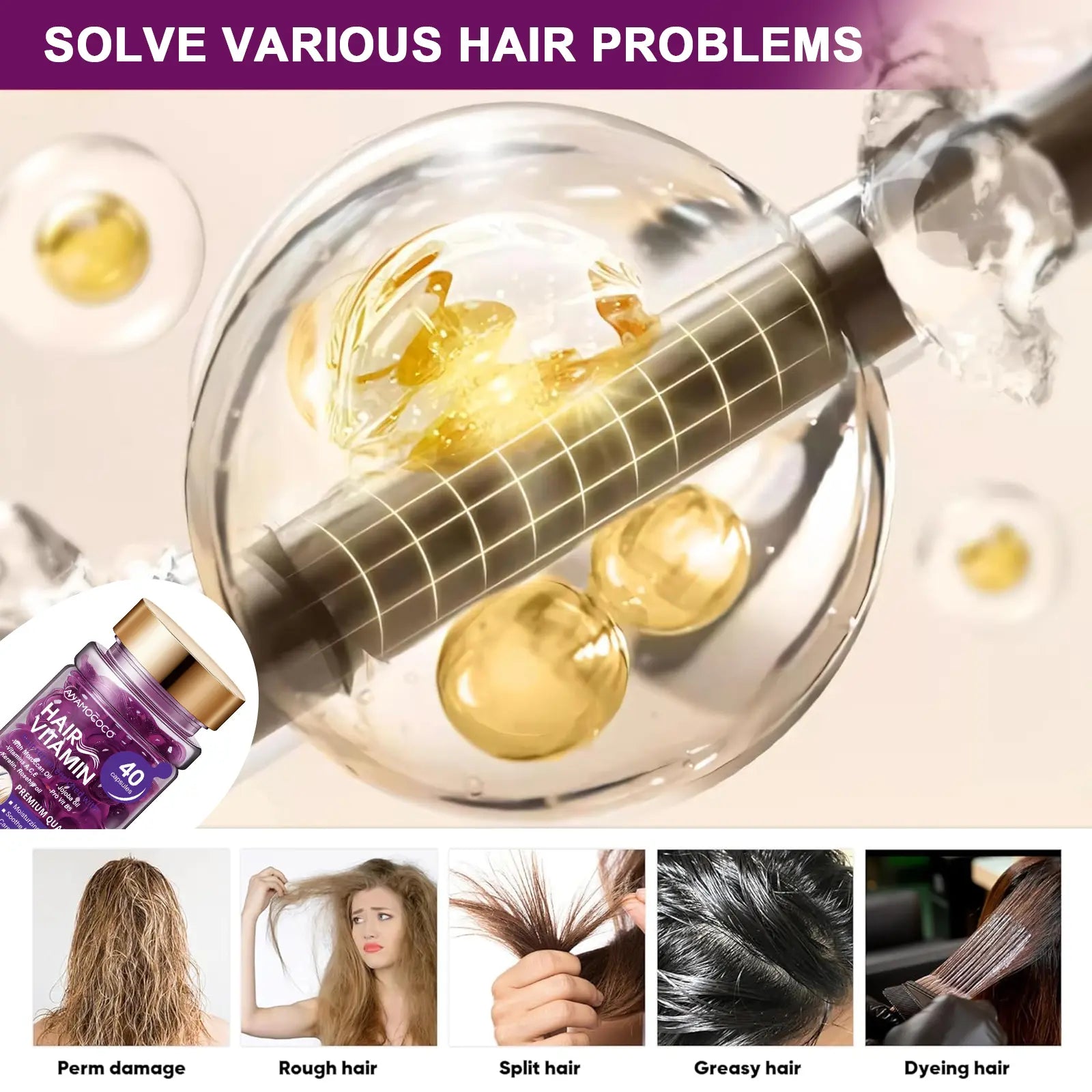 Hair Vitamin Capsules Infused with Violet Vitamins & Argan Oil for Color-Treated & Permed Hair Smooths Frizz Restores Silkiness & Shine 40 Capsules.【$14 Spent, Get 2 Free Purple Hair Masks (30Ml Each)】