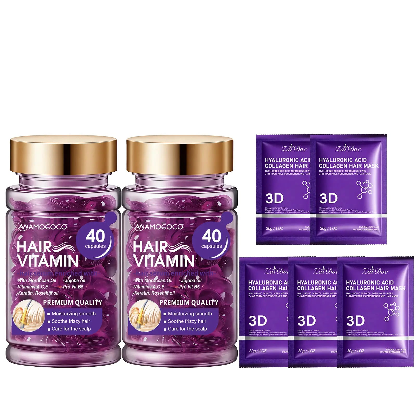 Hair Vitamin Capsules Infused with Violet Vitamins & Argan Oil for Color-Treated & Permed Hair Smooths Frizz Restores Silkiness & Shine 40 Capsules.【$14 Spent, Get 2 Free Purple Hair Masks (30Ml Each)】