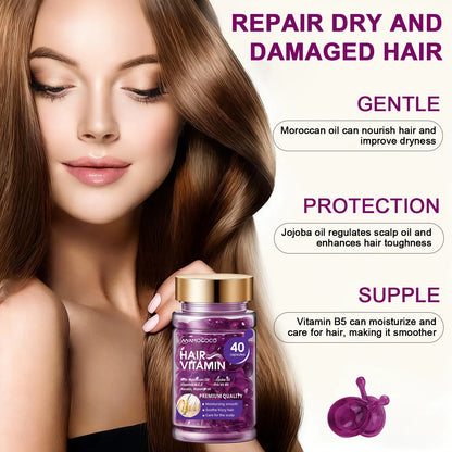 Hair Vitamin Capsules Infused with Violet Vitamins & Argan Oil for Color-Treated & Permed Hair Smooths Frizz Restores Silkiness & Shine 40 Capsules.【$14 Spent, Get 2 Free Purple Hair Masks (30Ml Each)】