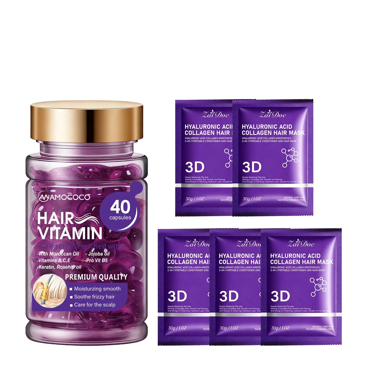 Hair Vitamin Capsules Infused with Violet Vitamins & Argan Oil for Color-Treated & Permed Hair Smooths Frizz Restores Silkiness & Shine 40 Capsules.【$14 Spent, Get 2 Free Purple Hair Masks (30Ml Each)】