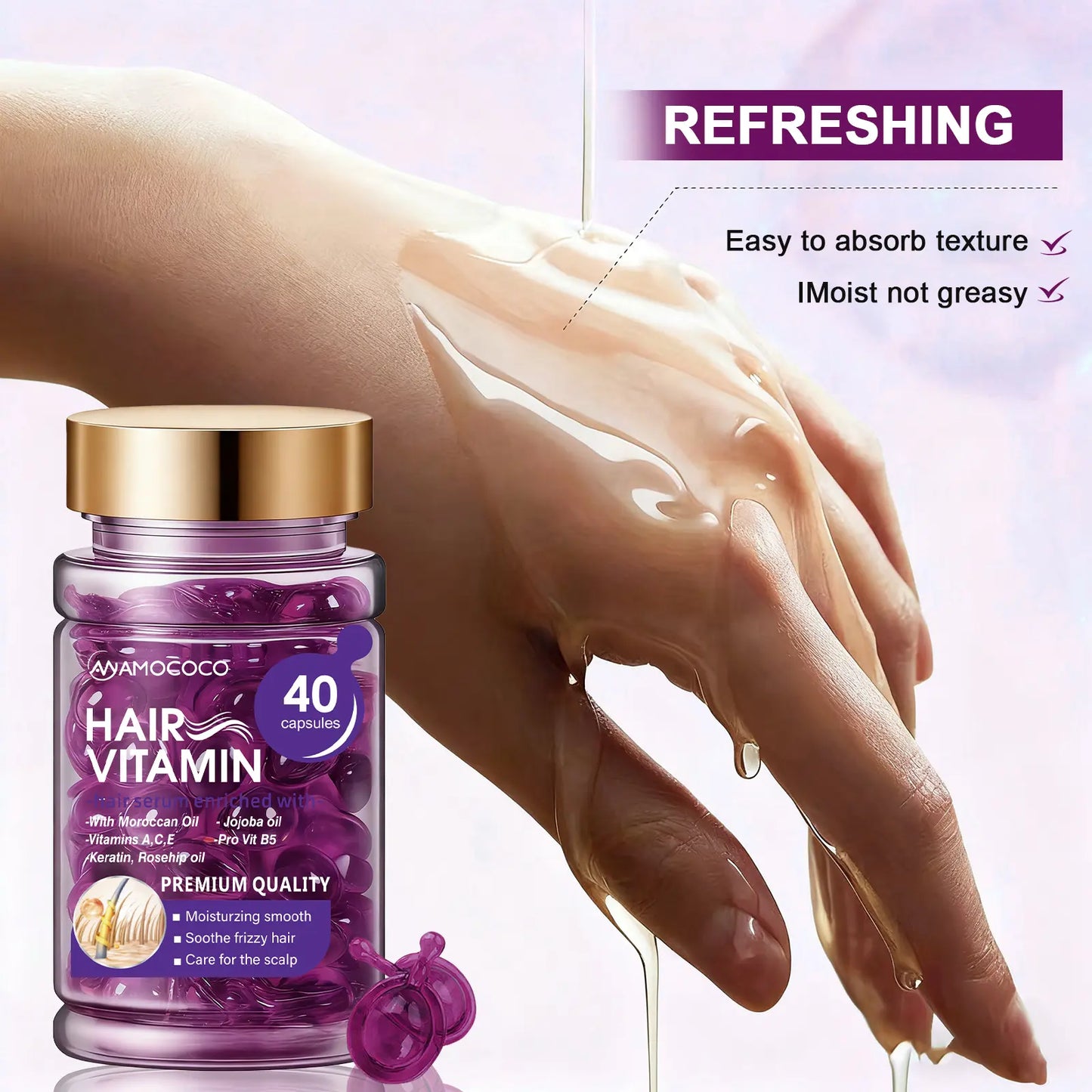 Hair Vitamin Capsules Infused with Violet Vitamins & Argan Oil for Color-Treated & Permed Hair Smooths Frizz Restores Silkiness & Shine 40 Capsules.【$14 Spent, Get 2 Free Purple Hair Masks (30Ml Each)】